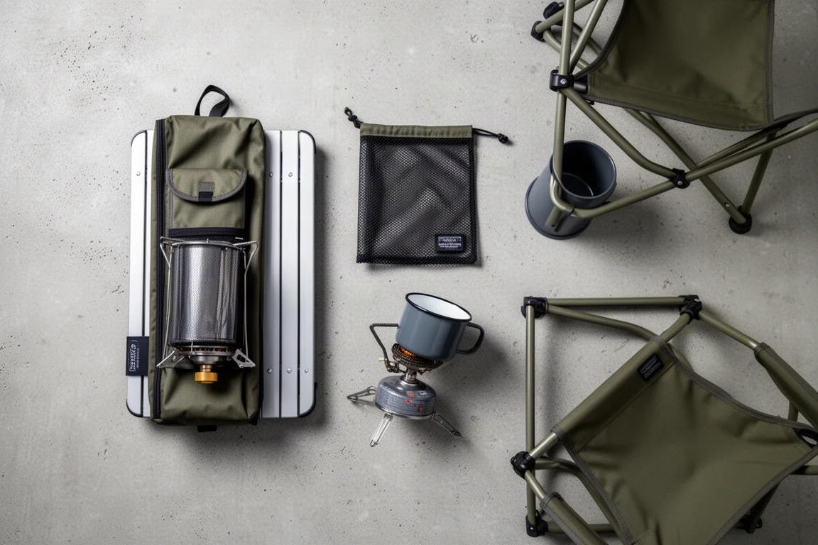 Overhead flat lay of a packed camp table, mesh pouch and camp cookware