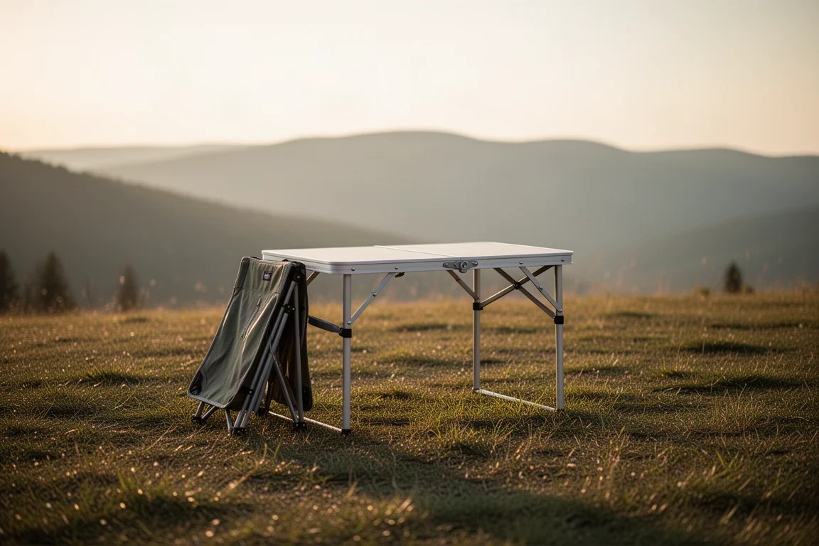 Folding camp table standing in a grassy campsite clearing at golden hour