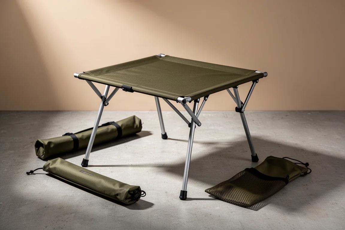 Kompakt hopfällbart campingbord med olivfärgad tygyta och aluminiumram på betong