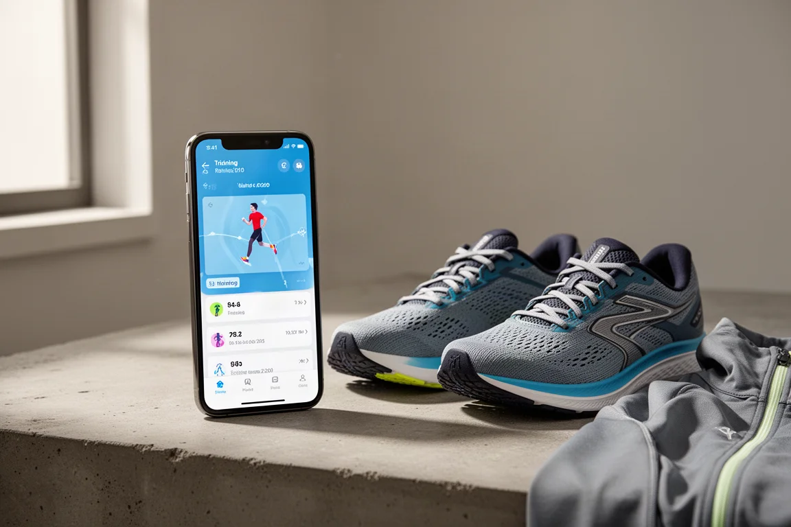 Smartphone with running training app beside running shoes on concrete surface