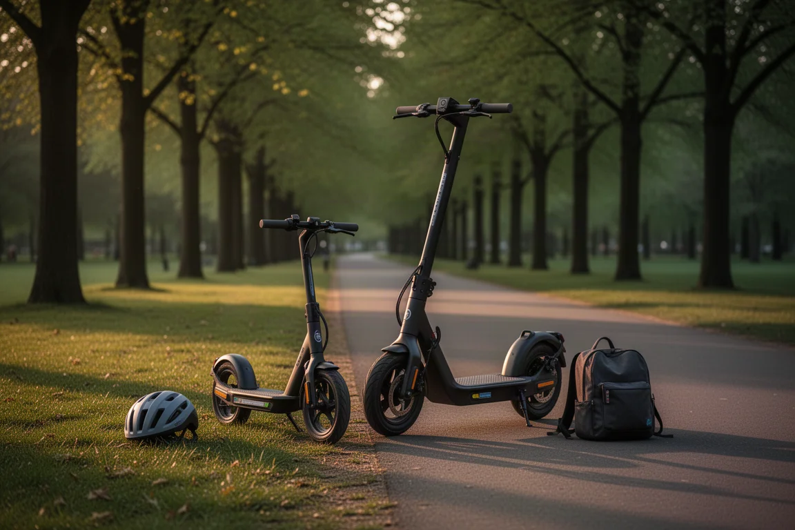 Zwei Einradboards auf einem Parkweg in der Dämmerung, daneben ein Helm und ein Rucksack