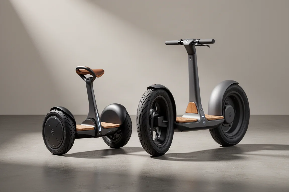 Two single-wheel electric rideables, one compact and one larger, on a concrete floor
