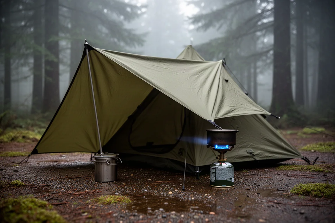 Bivvy tent with open awning panel beside a butane stove heater at a damp forest campsite