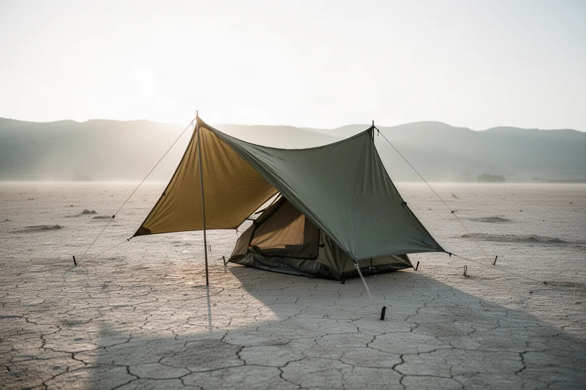Low solo shelter with a raised tarp canopy pitched on dry ground at dawn