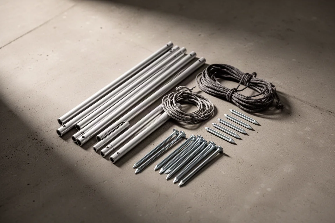 Aluminum pole segments, guy lines and tent stakes laid out on dry ground