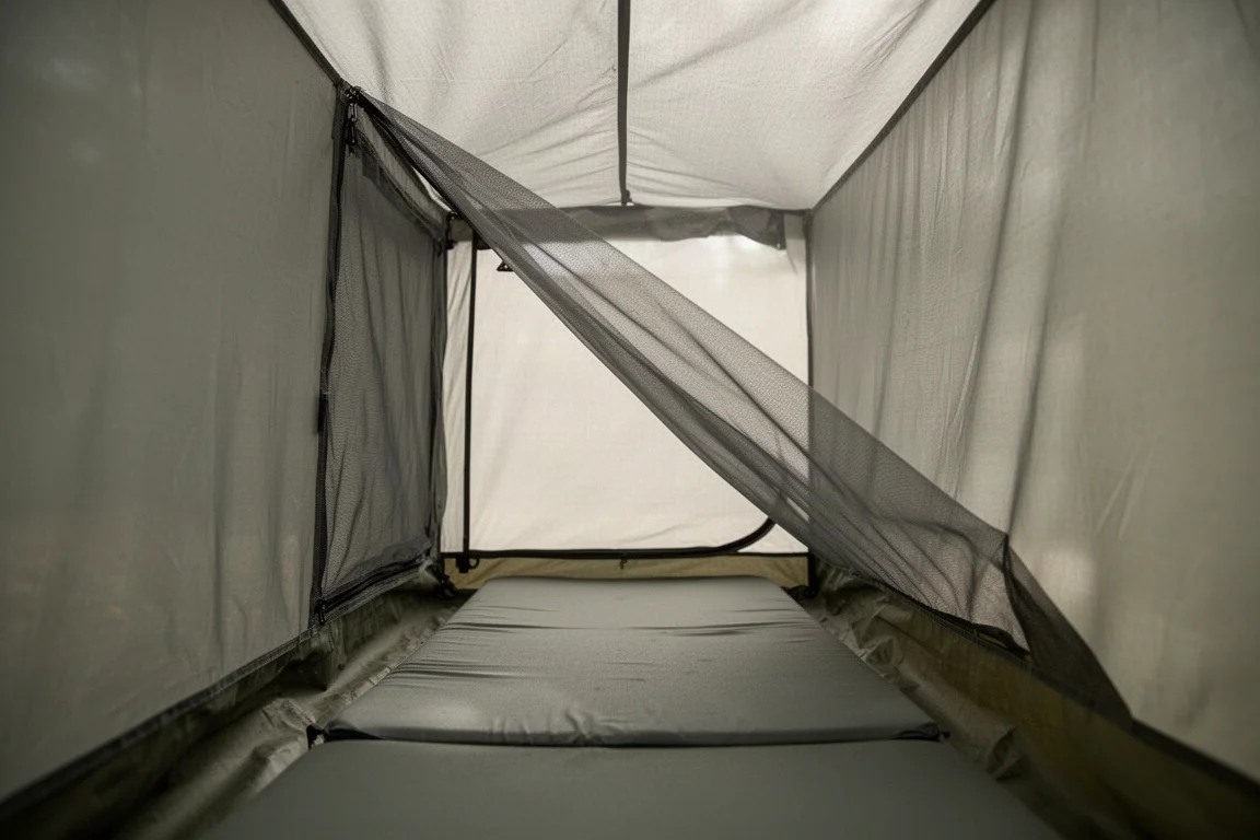 Interior view of a narrow shelter with mesh sloping low toward the foot end