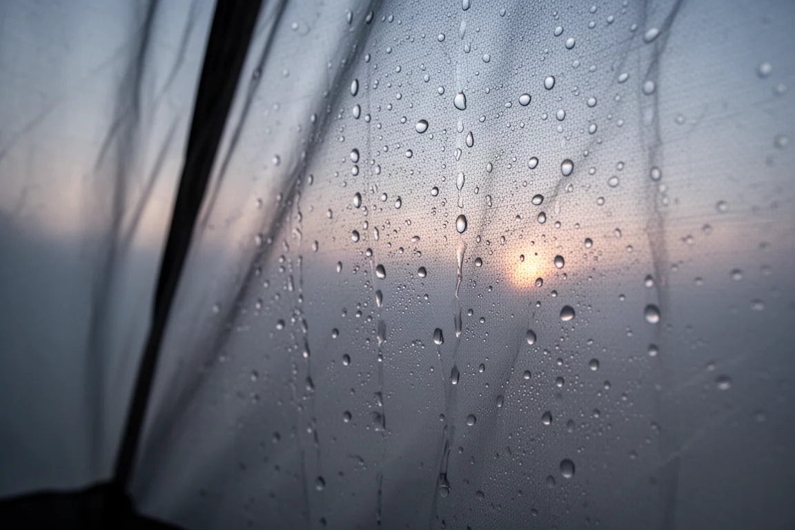 Condensation droplets on the inner wall of a tent at dawn