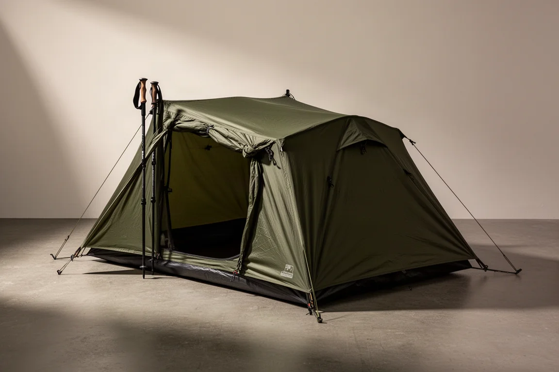 Olive green single-wall bivvy tent with its awning staked out on a concrete surface