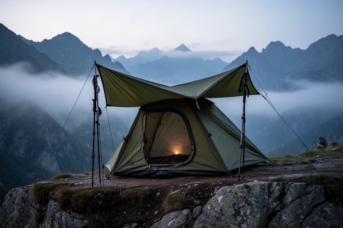 Flaches olivgrünes Bivy-Zelt auf einem alpinen Felsvorsprung in der Dämmerung, darunter Nebel