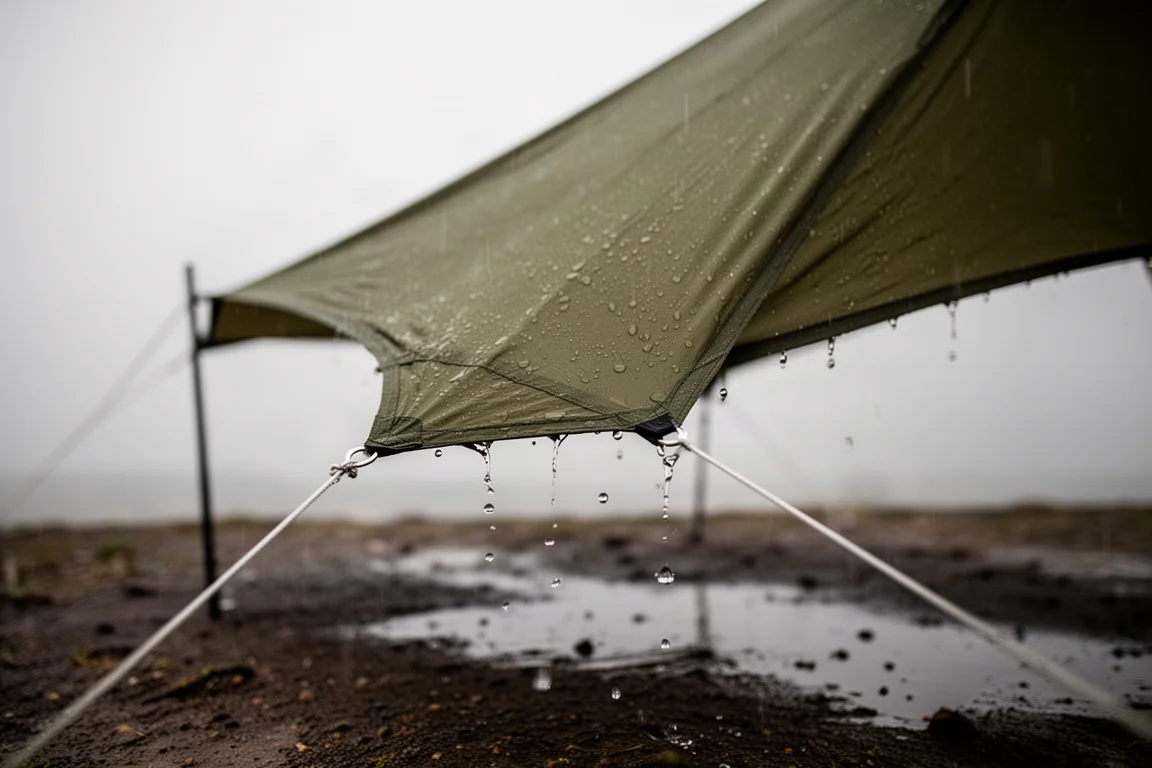 Nahaufnahme von Regenperlen auf einem abgespannten Markisenerweiterungspaneel aus olivfarbenem Silnylon