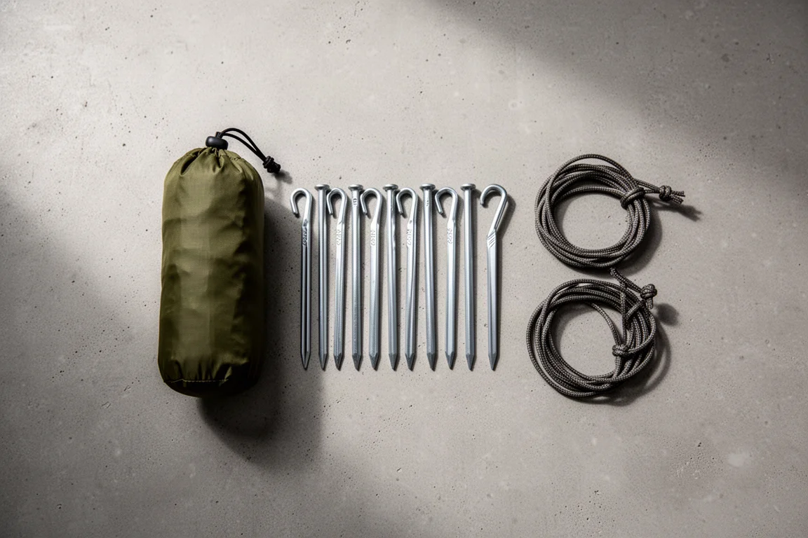 Draufsicht auf ein Trekkingstock-Unterstand-Set mit Packsack, Heringen und Abspannleinen