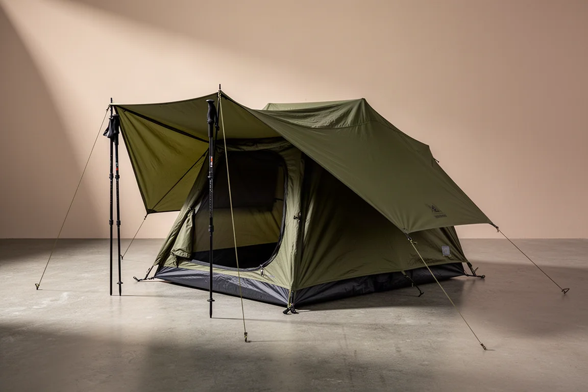 Olive green low-profile bivvy tent with awning propped open by trekking poles
