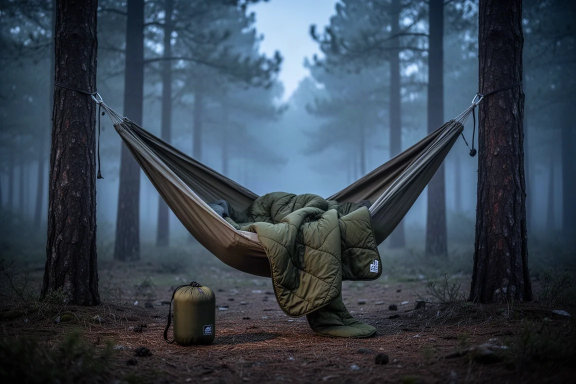 Olive camping quilt draped inside a hammock strung between pine trees at dusk