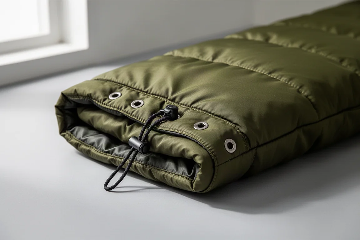 Close-up of a quilt foot box with metal snap fasteners and a tightened drawcord