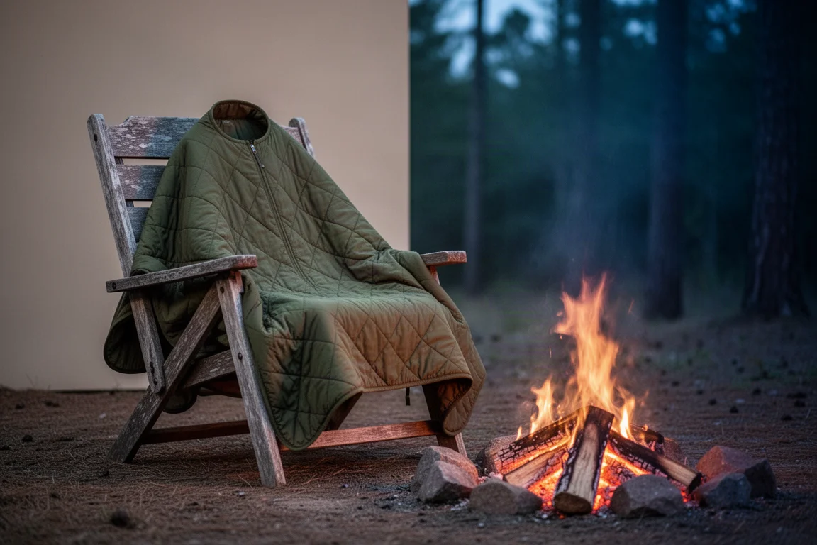 Olive quilt worn as a poncho over a wooden camp chair beside a campfire