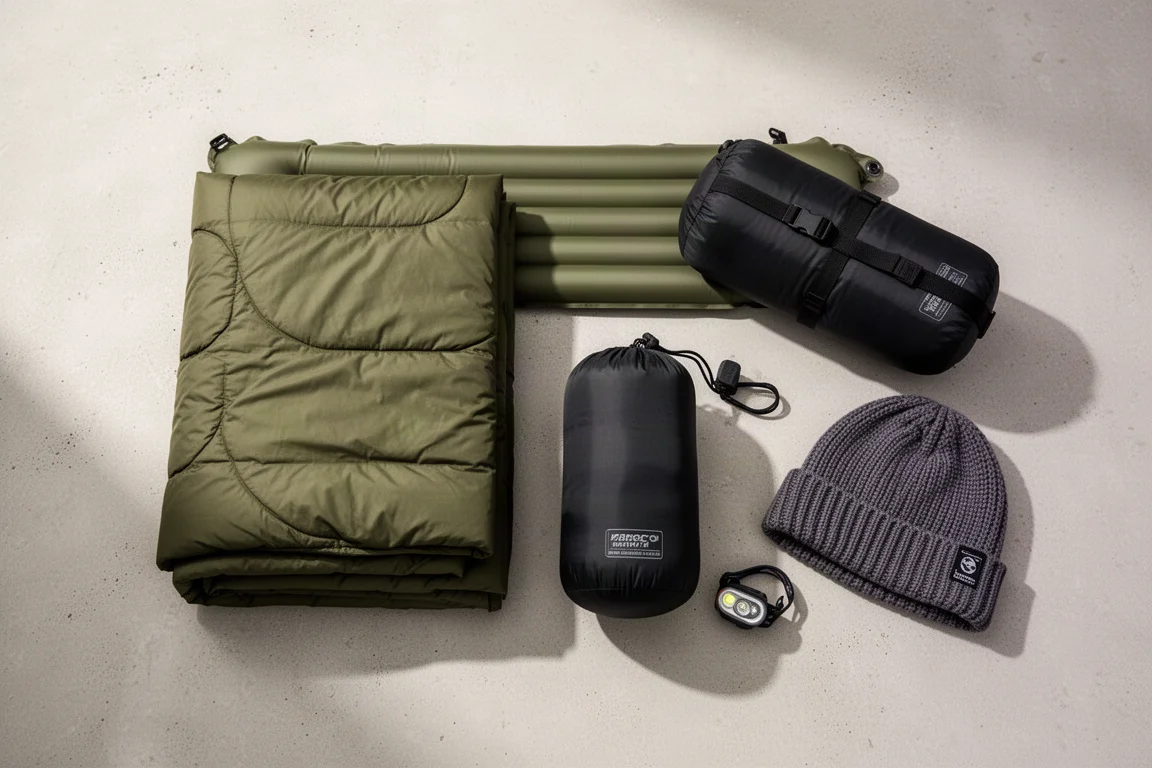 Overhead flat lay of a camping quilt, sleeping pad, stuff sack, beanie, and headlamp