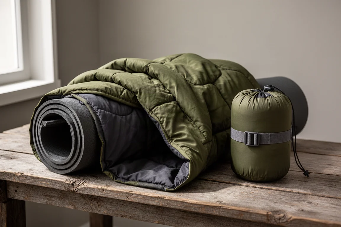 Olive green camping quilt draped over a sleeping pad beside a compression stuff sack