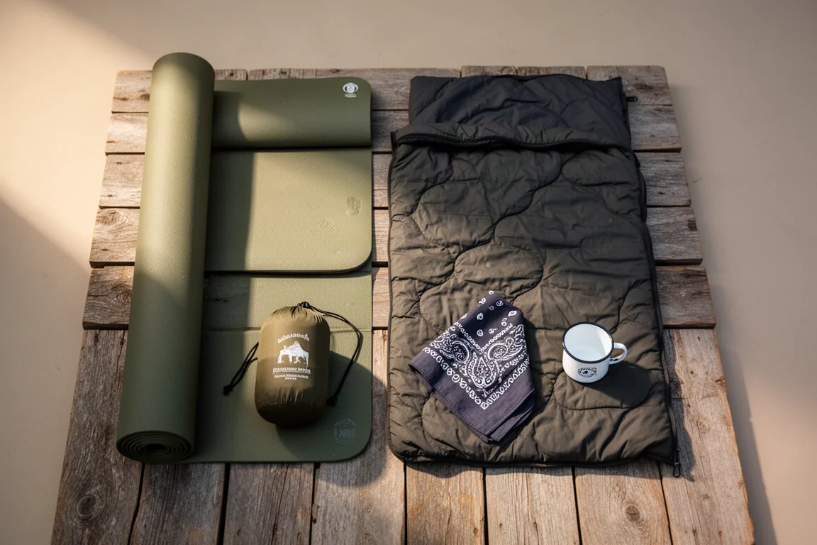 Vue à plat d'un matelas de sol, d'une couverture, d'un sac de compression et d'une tasse sur des planches en bois