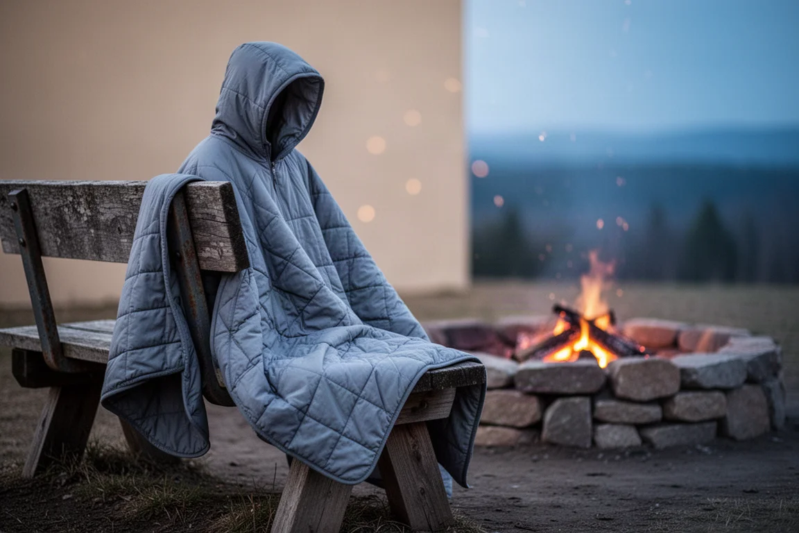 Couverture poncho isolée drapée sur un banc de campement près d'un cercle de feu incandescent au crépuscule