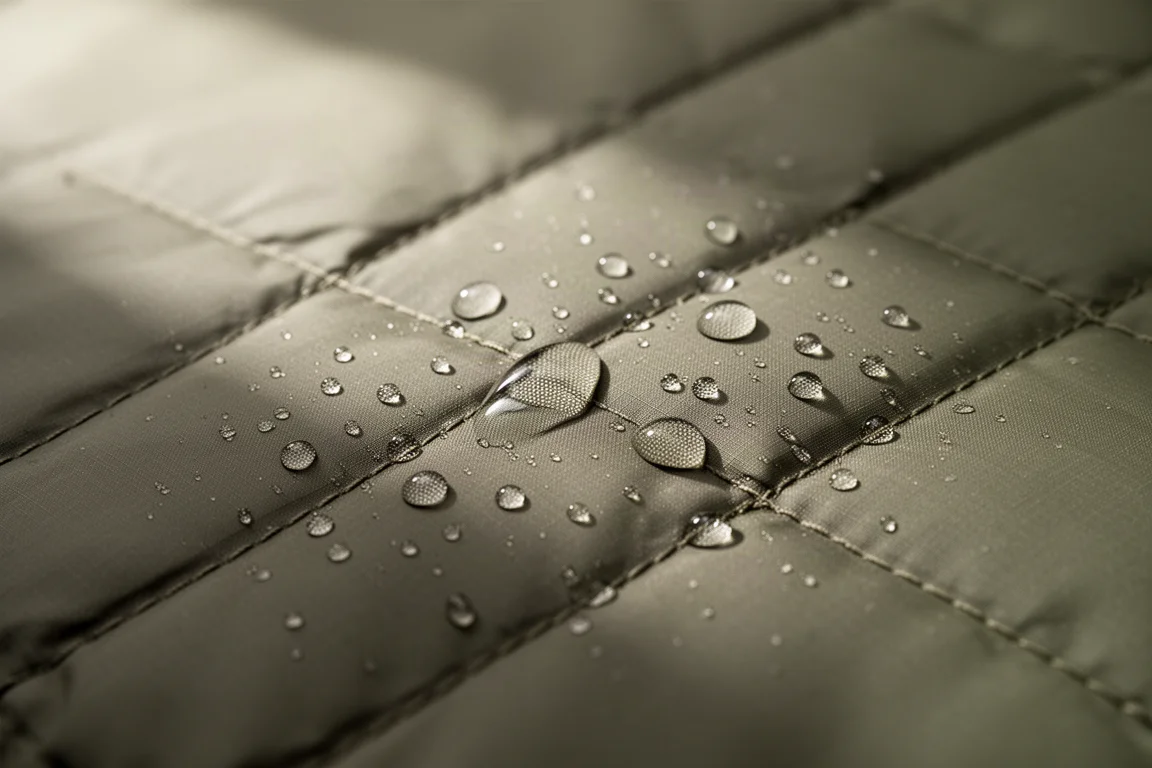 Macro rapprochée d'un tissu en nylon matelassé avec des gouttelettes d'eau et des lignes de couture