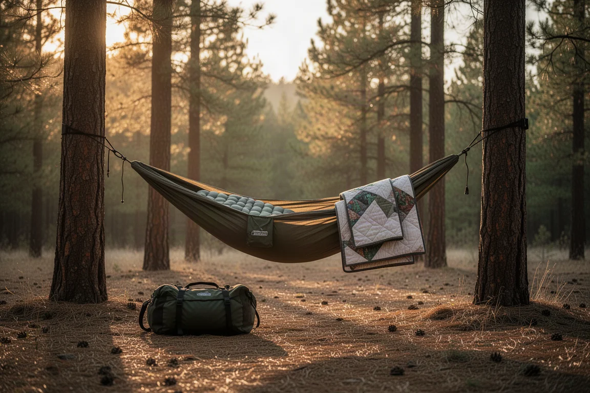 Hamac et matelas de sol entre des pins à l'heure dorée avec un sac d'équipement en dessous