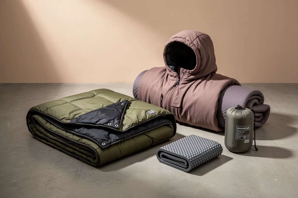 Two insulated camping quilts and a sleeping pad arranged on a concrete surface