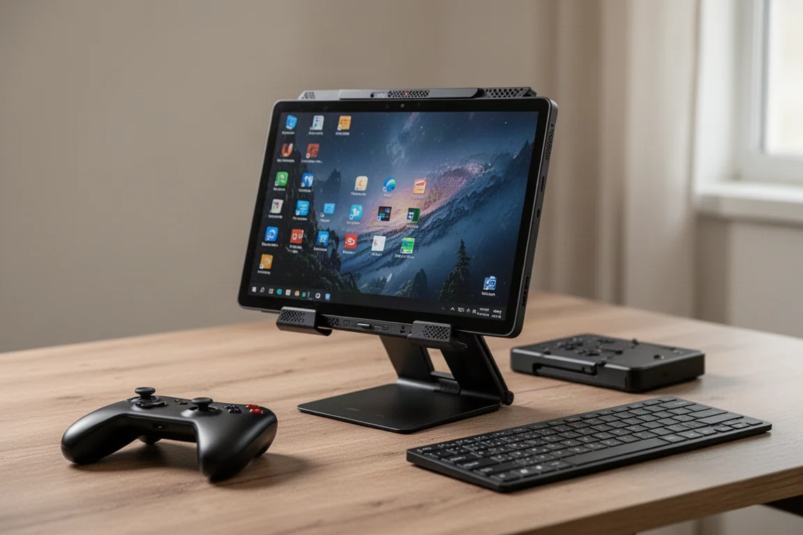 コントローラーを取り外し、キックスタンドで机の上に立てかけたハンドヘルドゲーミングPC