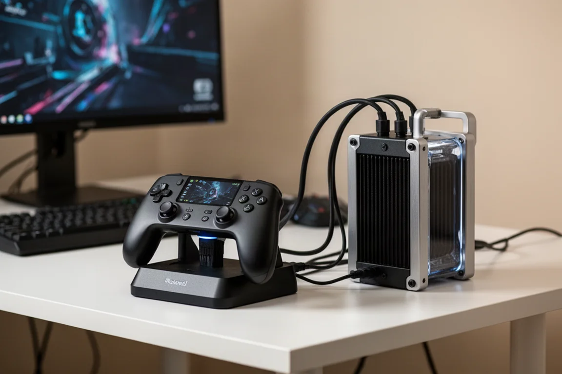 外部液体冷却ユニットを接続し、机の上にドッキングしたハンドヘルドゲーミングPC