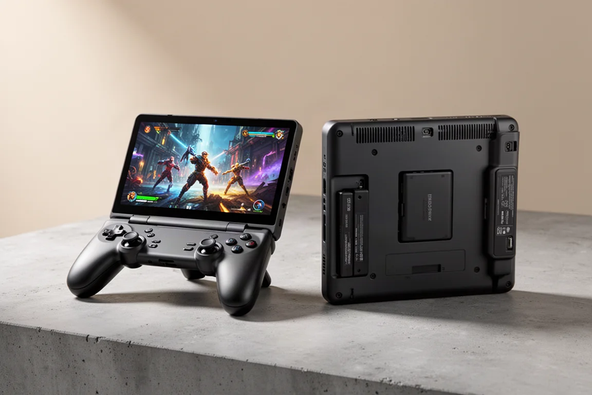 コンクリートの表面に並べられたOneXPlayer 3とOneXPlayer X2 Mini ProのハンドヘルドゲーミングPC