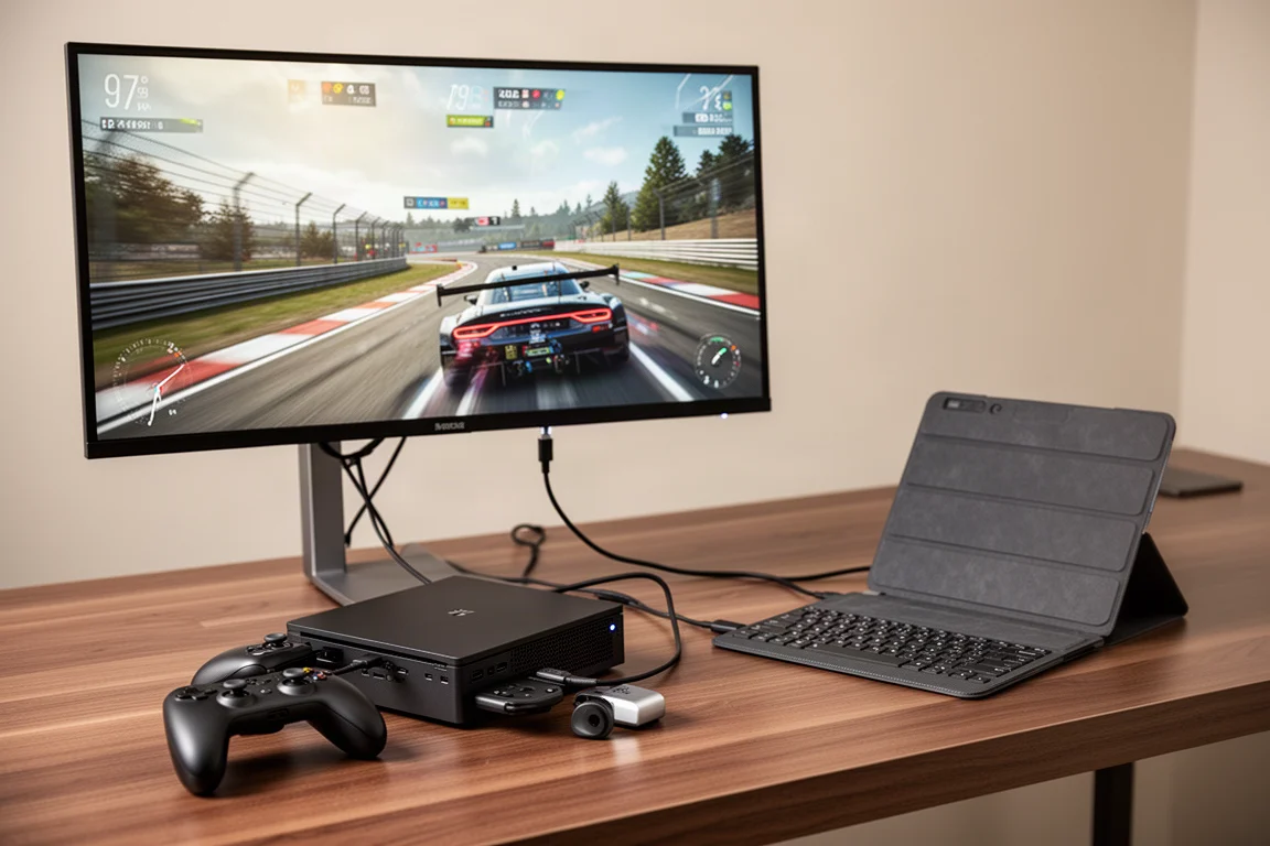デスク上でUSB-Cケーブル1本で大型モニターに接続されたハンドヘルドゲーミングPC