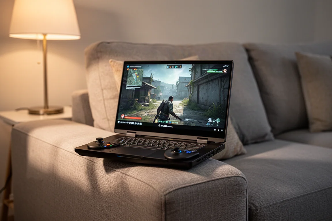 ソファの肘掛けに置かれたハンドヘルドゲーミングPC、ゲームが一時停止された画面、夕方の光