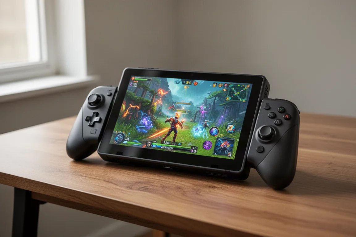 机の上にある、取り外し可能なコントローラーと大型OLEDディスプレイを備えたハンドヘルドゲーミングPC