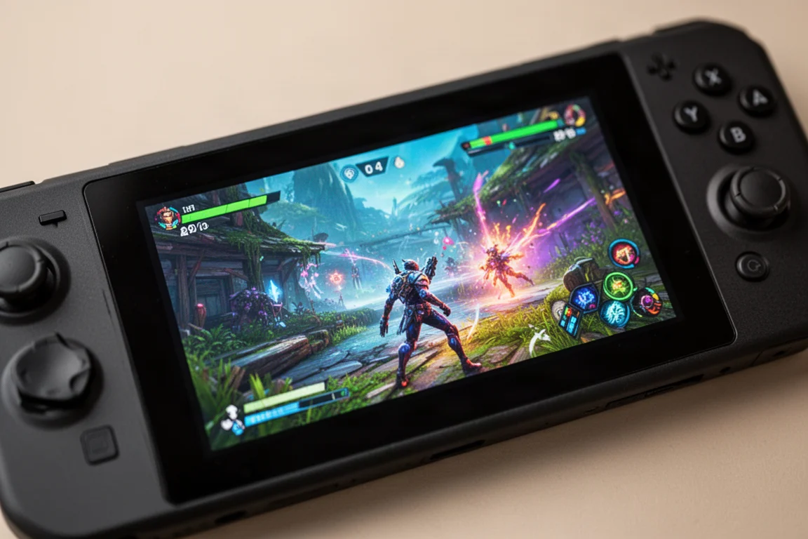 鮮やかなゲームシーンを表示するハンドヘルドのOLEDスクリーンのクローズアップ
