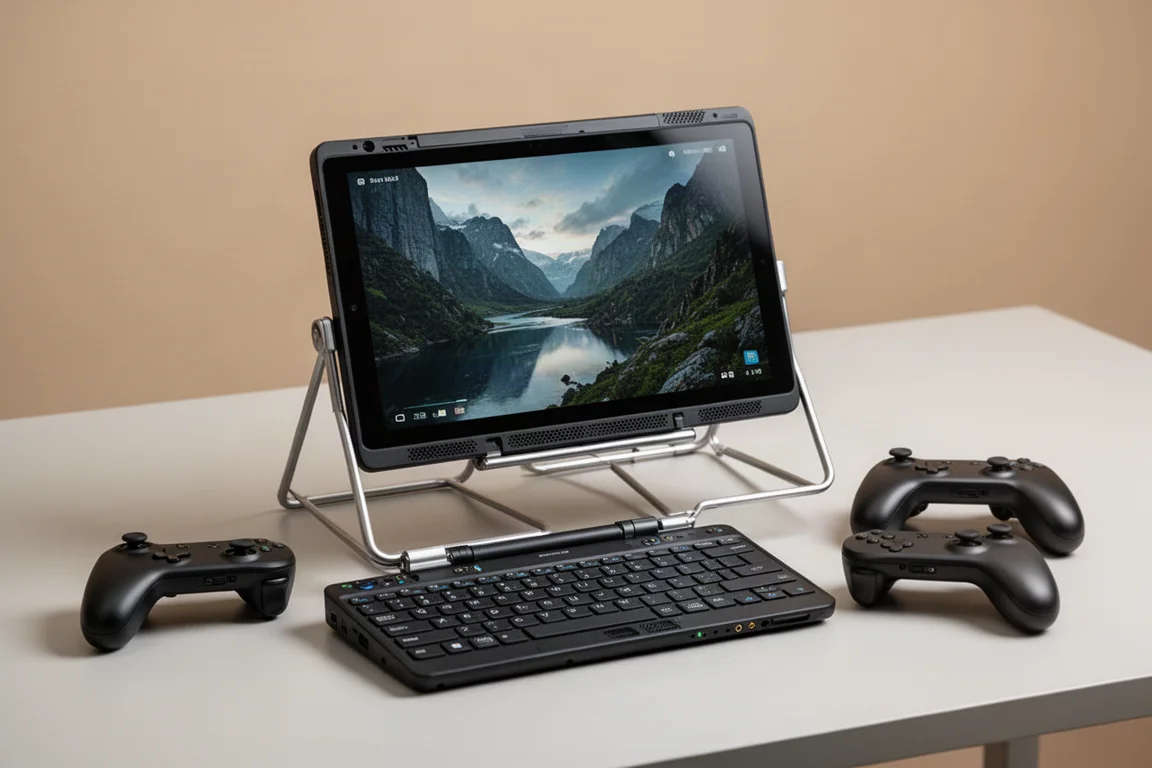 キックスタンドとキーボードアタッチメントを備えたタブレットモードのハンドヘルドゲーミングPC