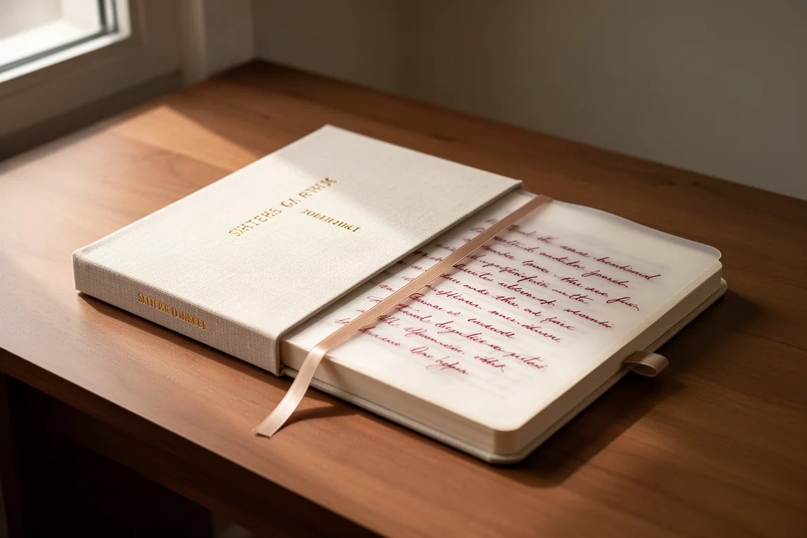 Open linen hardcover journal with translucent pages and red ink handwriting on a wooden desk