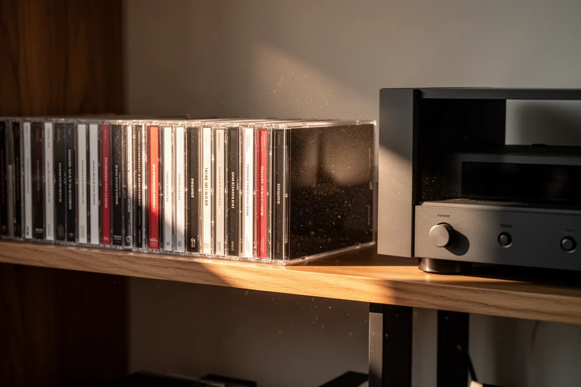Fila de estuches de CD sobre una estantería de madera junto a un rack de alta fidelidad con luz cálida