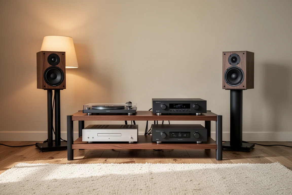 Rack de alta fidelidad con reproductor de discos, amplificador y altavoces de estantería en una sala de escucha