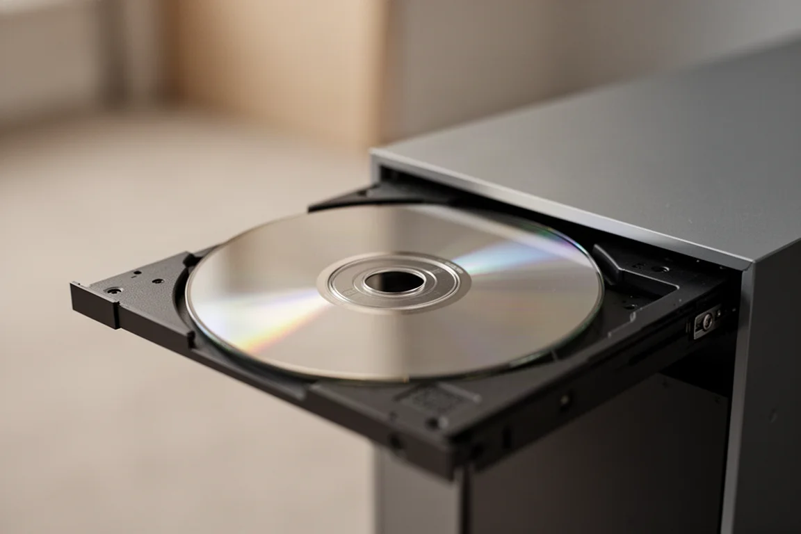 Bandeja de CD abierta con un disco compacto plateado en su interior