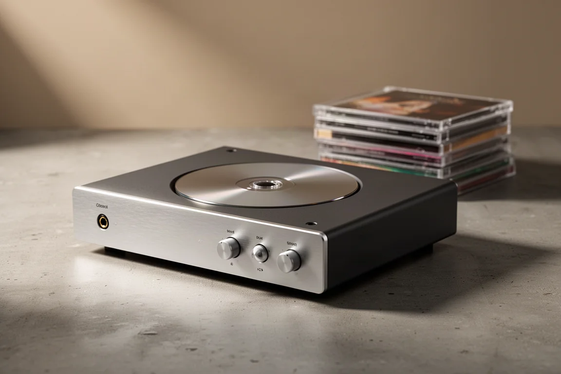 Slim single-disc CD player with brushed metal front panel on a concrete surface