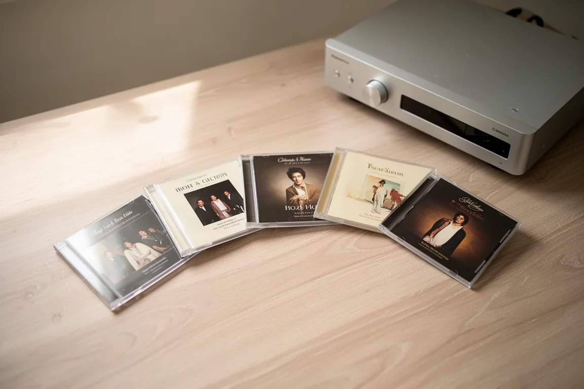 Six boîtiers de CD disposés à côté d'un fin lecteur hi-fi argenté sur une surface en chêne clair