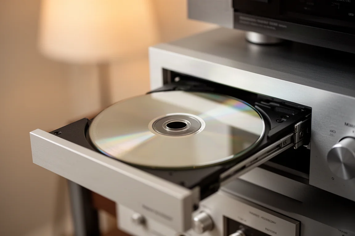 CD posé dans le tiroir ouvert d'un lecteur carrousel hi-fi argenté sous une lumière chaude