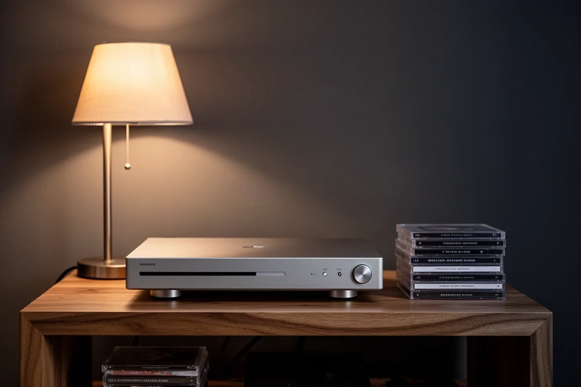 Coin d'écoute du soir avec un rack hi-fi, un fin lecteur CD et une petite pile de disques
