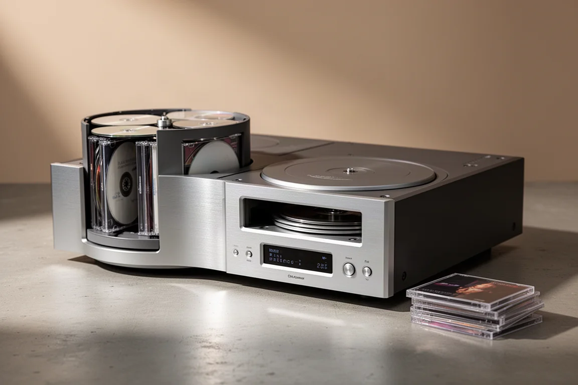 Slim silver six-disc CD carousel changer on a concrete surface beside a stack of CD cases