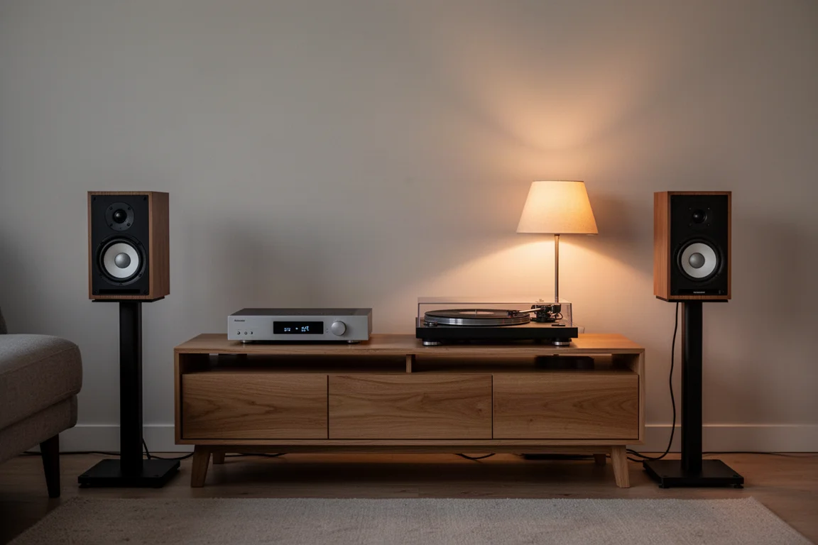 Living room at dusk with standmount speakers, a low console and a slim amplifier