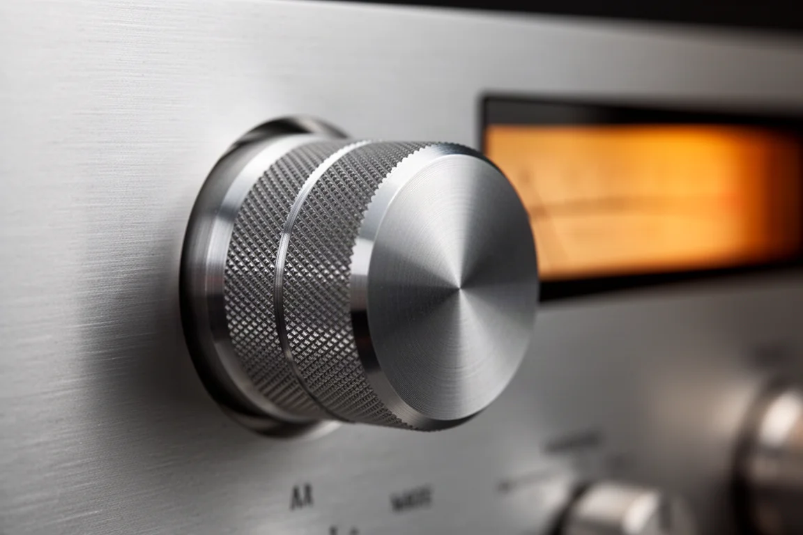 Close-up of a knurled aluminium volume knob with a soft amber display glow behind it
