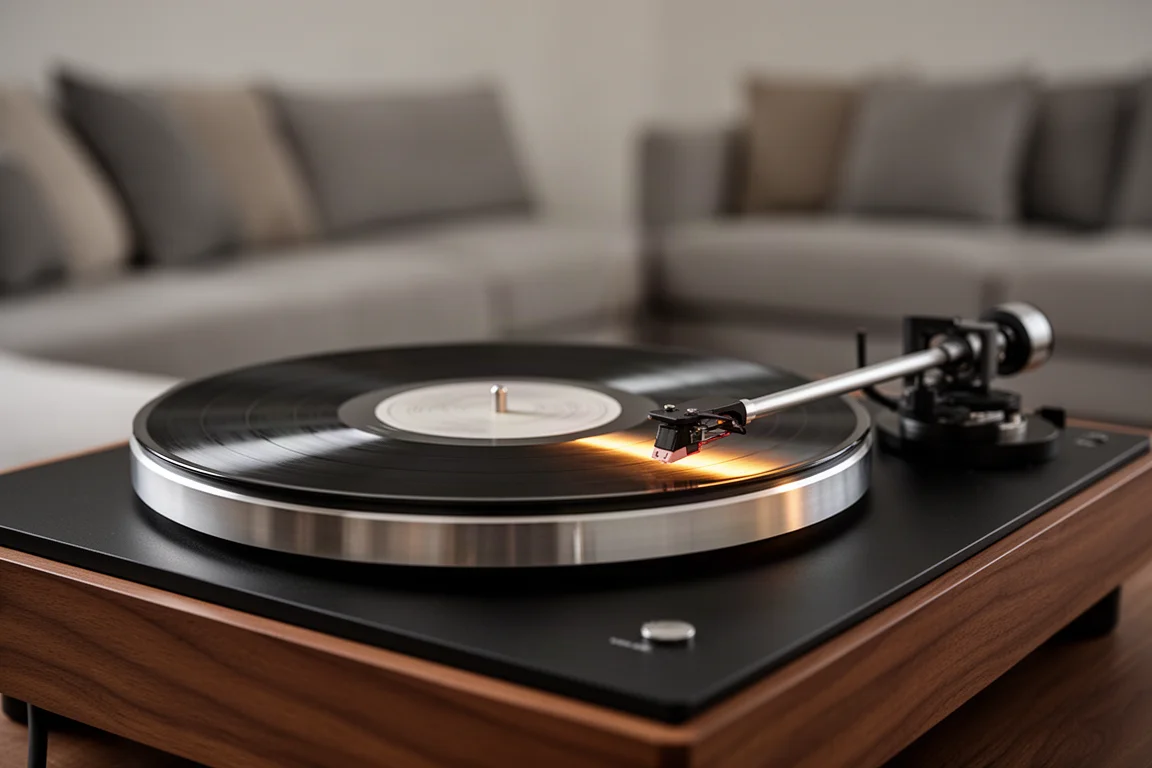 Turntable with brushed metal platter and tonearm resting over a vinyl record