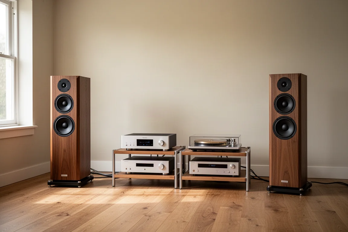 Calm listening room with floorstanding speakers and a low hi-fi rack in daylight