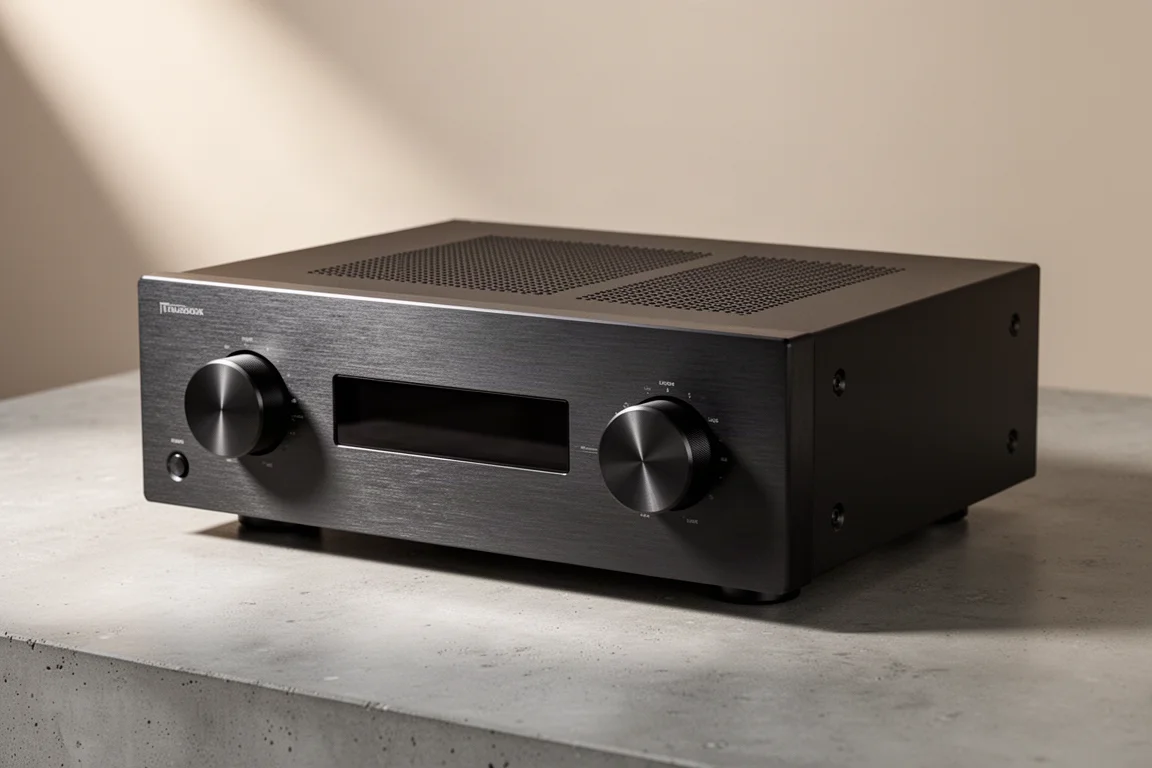 Modern stereo integrated amplifier with brushed dark aluminium front panel on a concrete surface