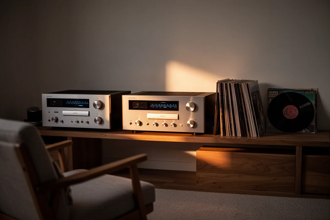 Sala d'ascolto in penombra con un impianto hi-fi a larghezza piena su una mensola bassa in legno