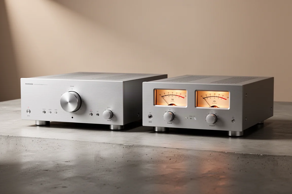 Silver Onkyo Icon preamplifier and power amplifier side by side on a concrete surface